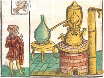 alchemist with distillation apparatus